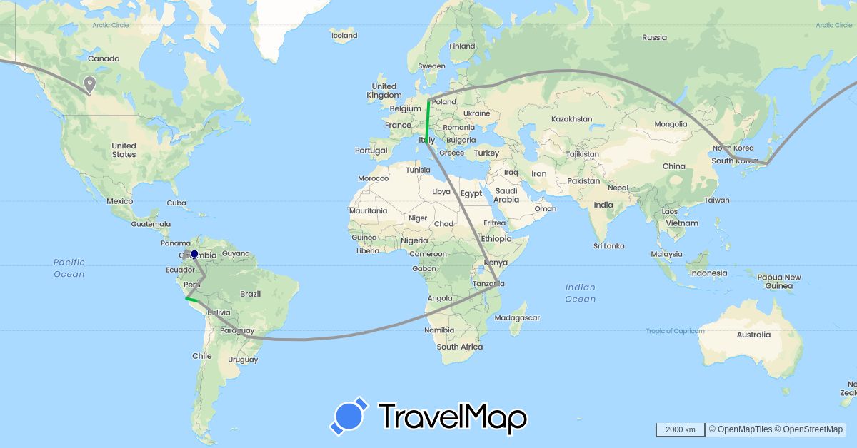 TravelMap itinerary: driving, bus, plane in Brazil, Canada, Colombia, Germany, Italy, Japan, South Korea, Peru, Russia, Tanzania (Africa, Asia, Europe, North America, South America)